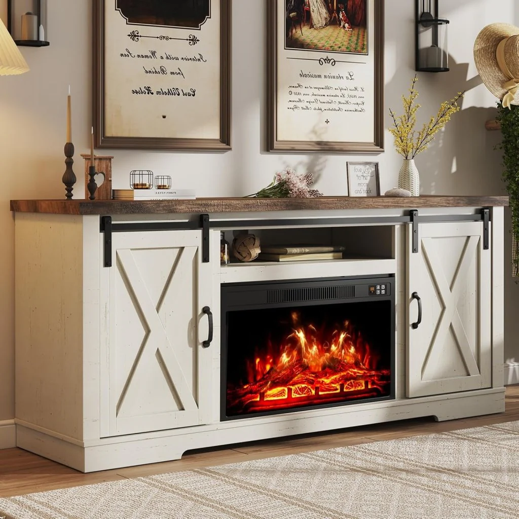 AMERLIFE Fireplace TV Stand with Sliding Barn Door for TVs up to 73
